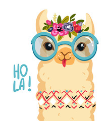 Cute lama character, Flowers wreath on the head, Smiling alpaca. Hola illustration