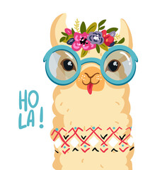 Cute lama character, Flowers wreath on the head, Smiling alpaca. Hola illustration © marianna_p