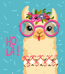 Cute lama character, Flowers wreath on the head, Smiling alpaca. Hola illustration