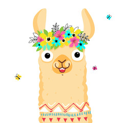 Cute lama character, Flowers wreath on the head, Smiling alpaca. Hola illustration © marianna_p