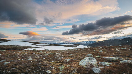 Aurlandsfjellet, Norway. Summer Norwegian Scenic Landscape Near Aurlandsfjellet Road. Scenic Route Road In Summer Sunny Evening. Popular Destination During Sunset