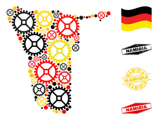 Gear Namibia map collage and stamps. Vector collage is created of repair workshop icons in different sizes, and Germany flag official colors - red, yellow, black.