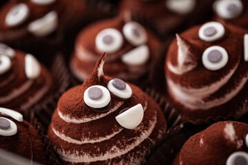 Set of cupcakes in the white gift box. Chocolate cupcake with brown whipped marshmallow top decorated with mastic smiley face and sprinkled with cocoa powder