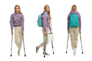 Young woman with axillary crutches on white background, collage