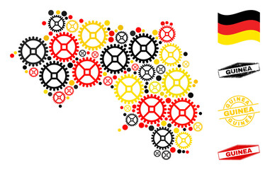 Service Republic of Guinea map collage and seals. Vector collage is created of clock gear elements in different sizes, and German flag official colors - red, yellow, black.