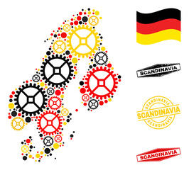 Cog Scandinavia map collage and seals. Vector collage is composed of clock gear items in variable sizes, and German flag official colors - red, yellow, black.