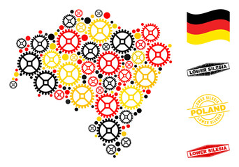 Repair service Lower Silesia Province map collage and seals. Vector collage is designed with workshop icons in variable sizes, and Germany flag official colors - red, yellow, black.