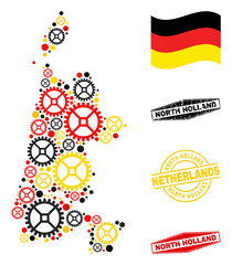 Service North Holland map collage and seals. Vector collage is created from repair service elements in different sizes, and German flag official colors - red, yellow, black.