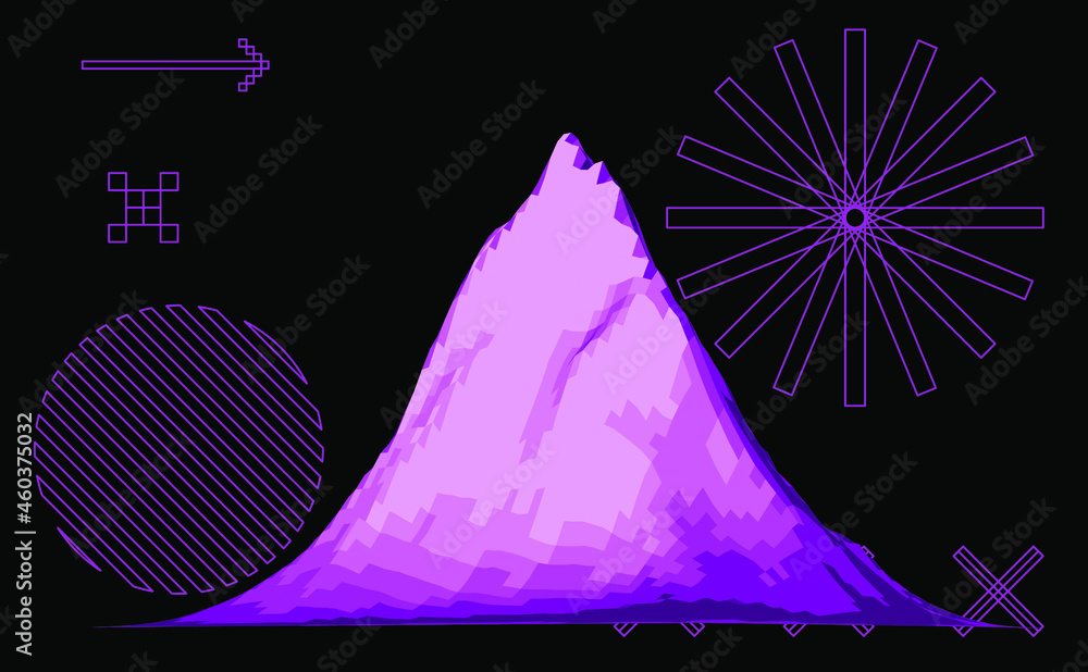 Poster 3D polygonal mountain landscape in retrofuturistic style. Concept of big data and virtual reality.