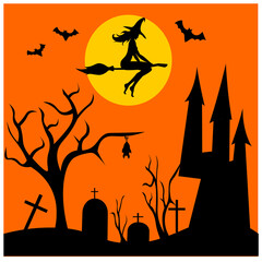 Halloween landscape. The witch flies on a broomstick against the background of the moon over a gloomy cemetery and castle - obrazy, fototapety, plakaty