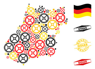 Repair workshop Goias State map mosaic and stamps. Vector collage is designed from cog elements in variable sizes, and German flag official colors - red, yellow, black.