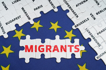 The EU flag has city name puzzles and puzzles with the words - migrants