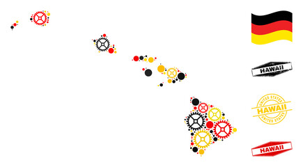 Repair service Hawaii State map collage and seals. Vector collage is created of cog elements in various sizes, and Germany flag official colors - red, yellow, black.