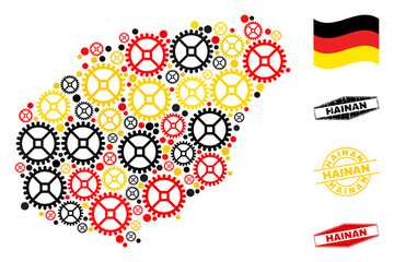 Industrial Hainan map collage and seals. Vector collage is created from clock gear items in various sizes, and German flag official colors - red, yellow, black.