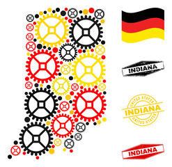 Service Indiana State map mosaic and stamps. Vector collage is formed with service items in various sizes, and German flag official colors - red, yellow, black.