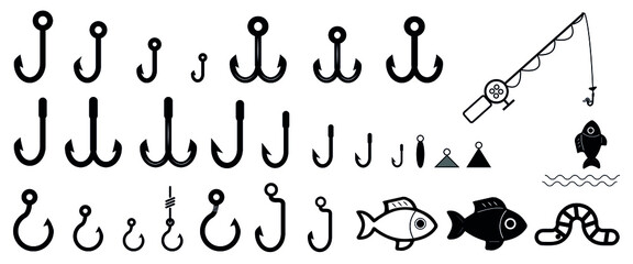 Fishing hook icons set, vector hook silhouette illustration, black fishing items icons isolated on white background - vector fish, fishing rod, bait, earthworm, offset hook, bait and fish on hook