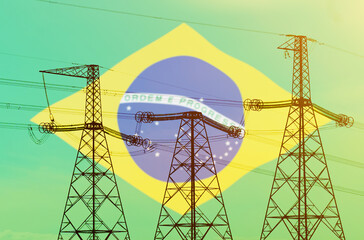 Double exposure - power line, tower and flag Brazil