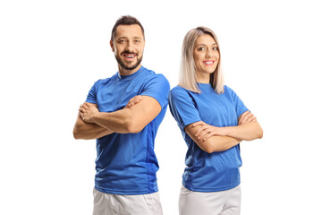 Portrait of a young male and female wearing blue sport jersey and posing with crossed hands