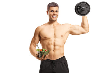 Shirtless musuclar young man holding a salad and lifting weights