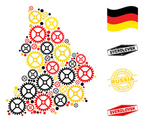 Service Sverdlovsk Region map composition and stamps. Vector collage is formed with service icons in various sizes, and Germany flag official colors - red, yellow, black.