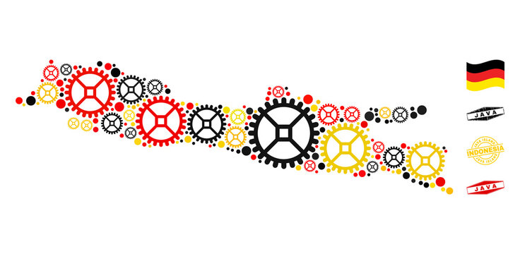 Cog Java Island map collage and stamps. Vector collage is created from service items in variable sizes, and German flag official colors - red, yellow, black.
