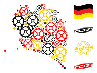 Mechanics Ko Pha Ngan map composition and stamps. Vector collage is designed from repair service icons in variable sizes, and Germany flag official colors - red, yellow, black.