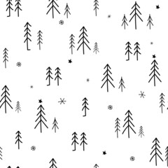 Minimalistic seamless pattern. Christmas trees, a forest in a simple Scandinavian style, snowflakes and stars. New Year's winter contemporary ornament. Vector graphics.