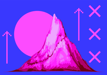 3D polygonal mountain landscape in retrofuturistic style. Concept of big data and virtual reality.