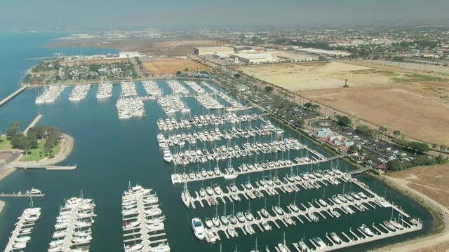 Aerial: Chula Vista harbor with yachts and boats. San Diego, California, USA