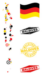 Wheel Maldives map collage and seals. Vector collage is created of wheel icons in variable sizes, and German flag official colors - red, yellow, black.