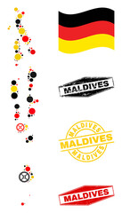 Naklejka premium Wheel Maldives map collage and seals. Vector collage is created of wheel icons in variable sizes, and German flag official colors - red, yellow, black.