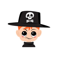 Avatar of boy with red hair, emotions of suspicious, displeased face in hat with skull. Cute kid with annoyed expression in carnival costume for Halloween party