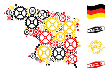 Repair service Zamora Province map collage and seals. Vector collage is created of workshop items in different sizes, and German flag official colors - red, yellow, black.