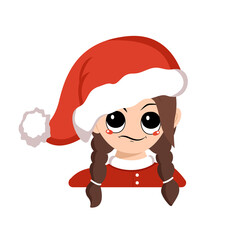 Girl with emotions of suspicious, displeased eyes in red Santa hat. Cute kid with annoyed expression in carnival costume for New Year, Christmas and holiday. Head of adorable child