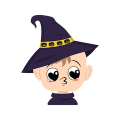 Avatar of child falls in love with eyes hearts, kiss face in pointed witch hat with pumpkins. The head of toddler with a joyful face. Halloween party decoration