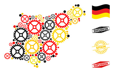 Service Gipuzkoa Province map collage and seals. Vector collage created of wheel icons in variable sizes, and German flag official colors - red, yellow, black.