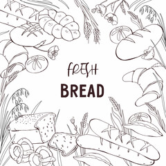 Bakery banner template with hand drawn bread products. Bakehouse or  shop banner or poster design, flat vector illustration  on white background. 