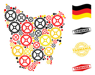 Industrial Tasmania Island map collage and seals. Vector collage is formed from mechanics items in variable sizes, and German flag official colors - red, yellow, black.