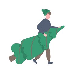 Happy man carrying Christmas tree. Christmas shopping, winter holidays