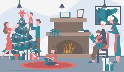 Happy family are preparing for the Christmas. Living room interior.