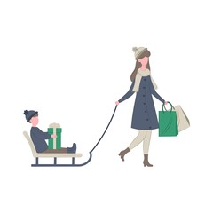 Woman sledding child with a gift. Christmas shopping, winter holidays.