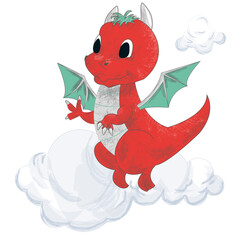 Flying red baby dragon with clouds