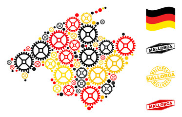 Wheel Mallorca map composition and seals. Vector collage is formed of service elements in various sizes, and Germany flag official colors - red, yellow, black.