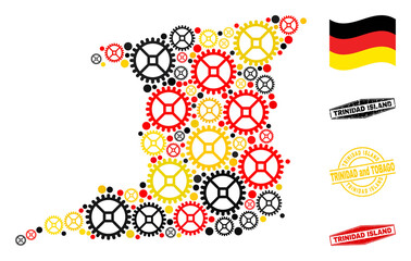 Industrial Trinidad Island map collage and seals. Vector collage is composed of clock gear icons in variable sizes, and German flag official colors - red, yellow, black.