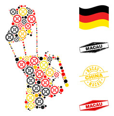 Repair service Macau map composition and seals. Vector collage is designed with repair service icons in different sizes, and Germany flag official colors - red, yellow, black.