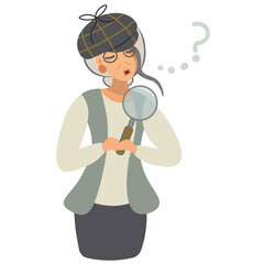 Fototapeta na wymiar Surprised lady detective looks through a magnifying glass and cannot understand what happened. Woman in a Sherlock Holmes cap in search. Isolated vector illustrations. Vintage flat style.