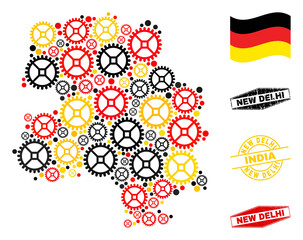 Service New Delhi City map collage and seals. Vector collage created with service items in different sizes, and Germany flag official colors - red, yellow, black.