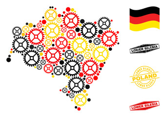 Industrial Lower Silesian Voivodeship map collage and stamps. Vector collage composed with cog items in various sizes, and German flag official colors - red, yellow, black.