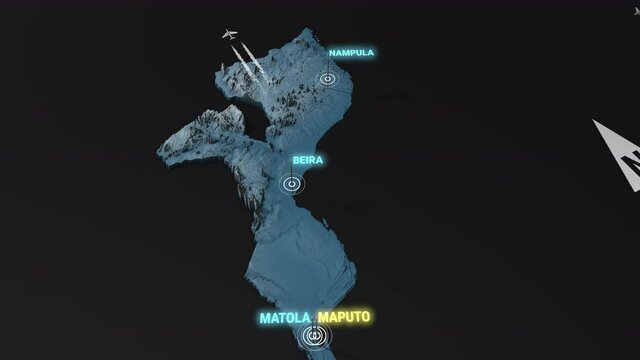 Seamless looping animation of the 3d terrain map at nighttime of Mozambique with the capital and the biggest cites in 4K resolution