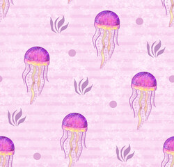 Jellyfish pattern on pink background. Illustration for printing, backgrounds, wallpapers, covers, packaging, greeting cards, posters, stickers, textile and seasonal design.